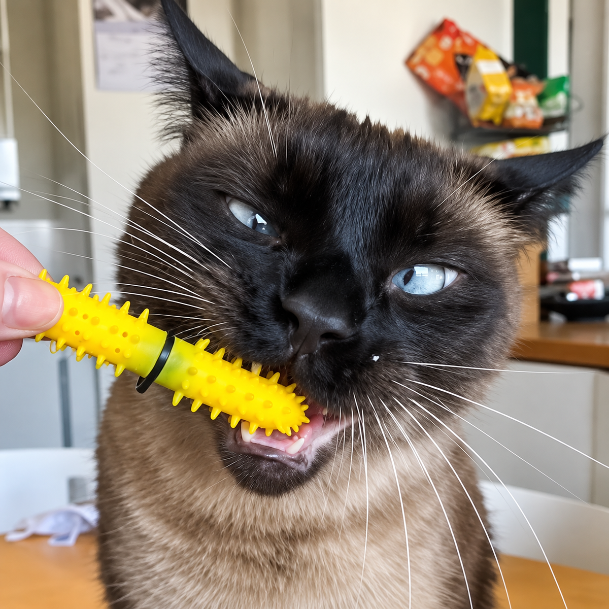A close-up of a Siamese cat biting a Dental Wand to clean it's teeth. It is held by a human hand, with a blurred indoor home background.