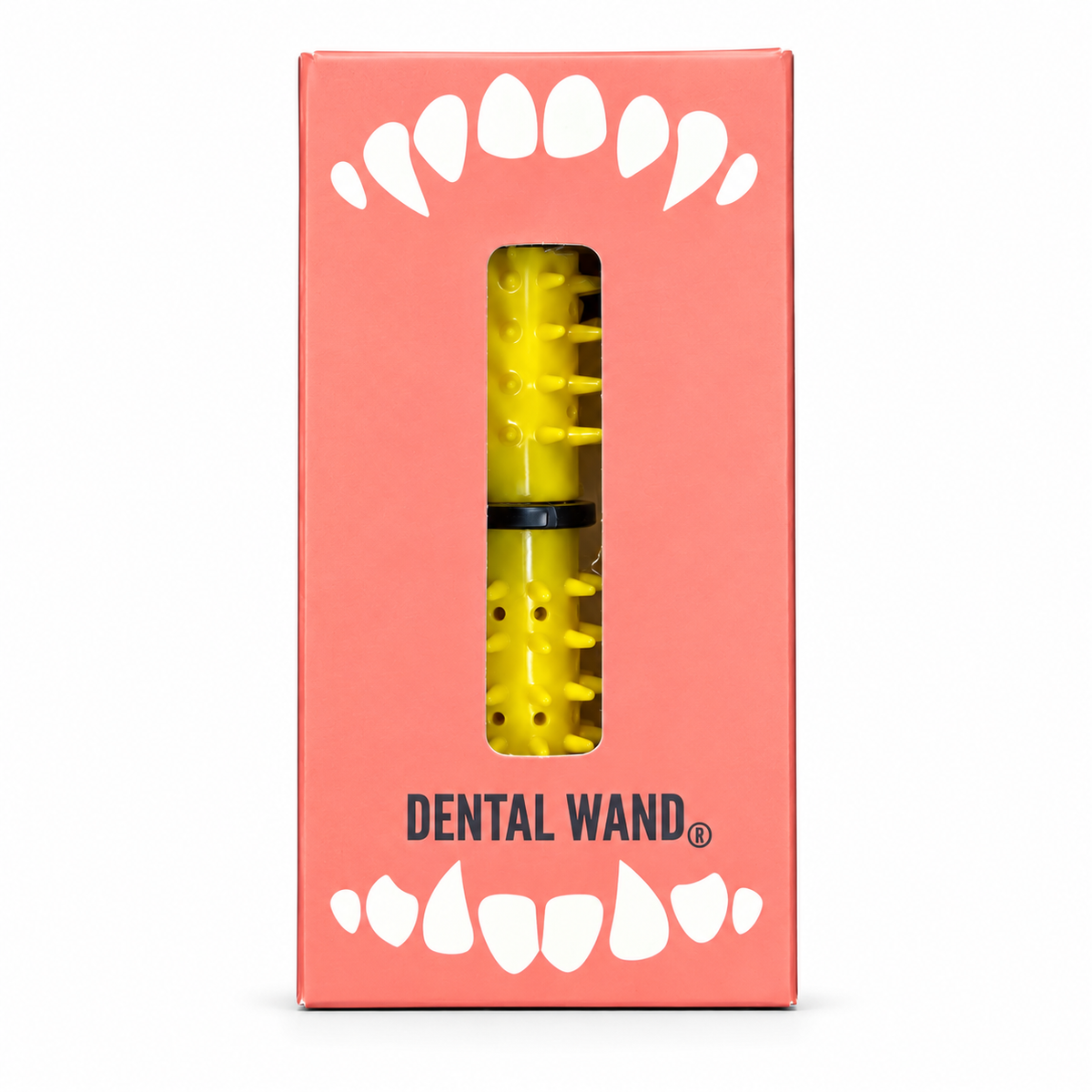 A dental wand inside its coral pink packaging box, featuring white tooth cutouts at the top and bottom and the text 'DENTAL WAND' printed on the front.