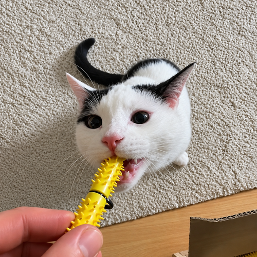 A black and white kitten brushing its teeth with a Dental Wand, being held by a human hand on a beige carpet.