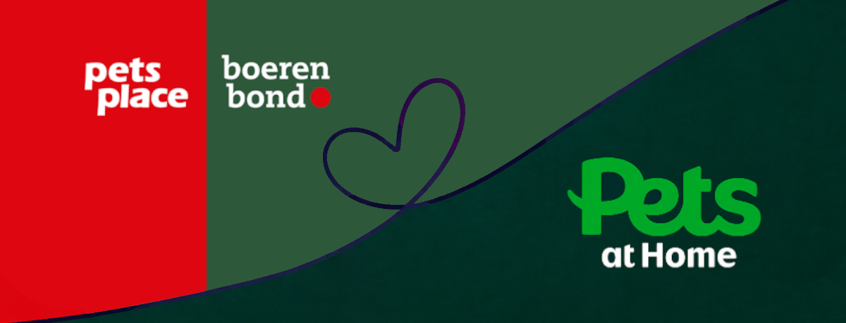 A graphic banner with two pet-related logos: 'pets place' in white on a red block, 'boeren bond' with a dark purple heart outline on a green background, and 'Pets at Home' in green and white on a dark green background.