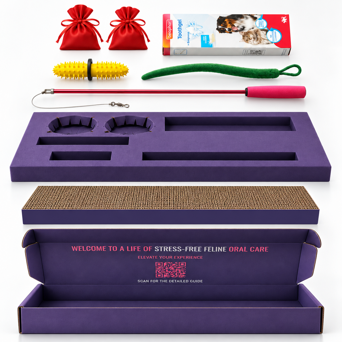 Feline oral care and enrichment gift set arranged in an open purple box, including two redcatnip bags a dental wand, a woollen worm and a red wand toy, a boxed product labeled 'Feline Health', and a purple tray with molded compartments. The box interior reads 'WELCOME TO A LIFE OF STRESS-FREE FELINE ORAL CARE'.