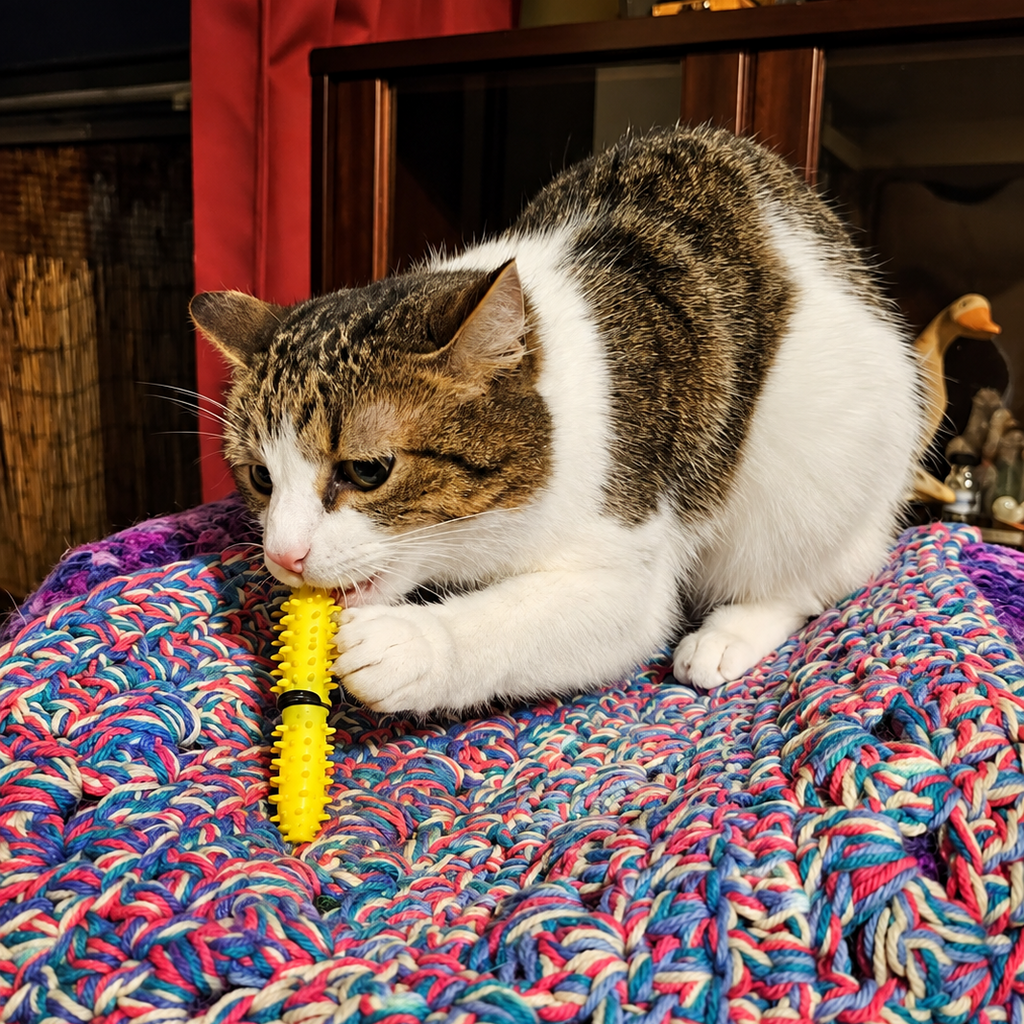 cat biting the dental wand health toy to clean it's teeth the cat friendly way.