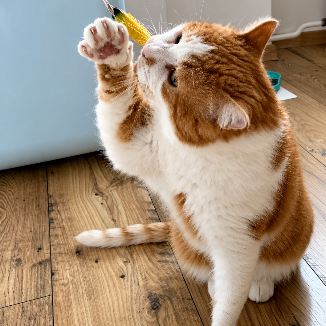An orange and white cat sitting on a wooden floor, reaching up with one paw at a the dental wand health toy to clean it's teeth the cat friendly way.