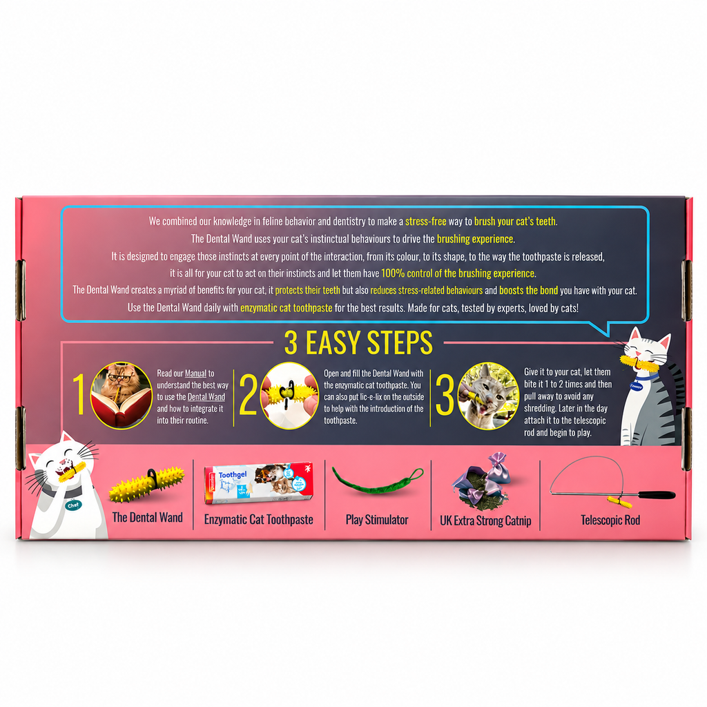The back of adental wand starter kit box featuring text, step-by-step instructions, cartoon cats, and small illustrations of the included items including a dental wand toothbrush, toothpaste, and stimulator.