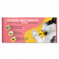 The Dental Wand Starter Kit retail box shown against a plain white background. The packaging features a pink and yellow design with a photo of a white and black cat biting a yellow dental wand.